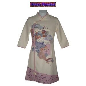 Fang Exuan Ivory & Pink Cheongsam Dress Chinese Floral Fans Wearable Artwork NWT
